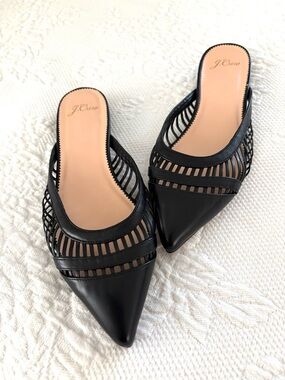 J. Crew mules shoes flats Black Pointed caged Leather Cutout Slides sz 8.5